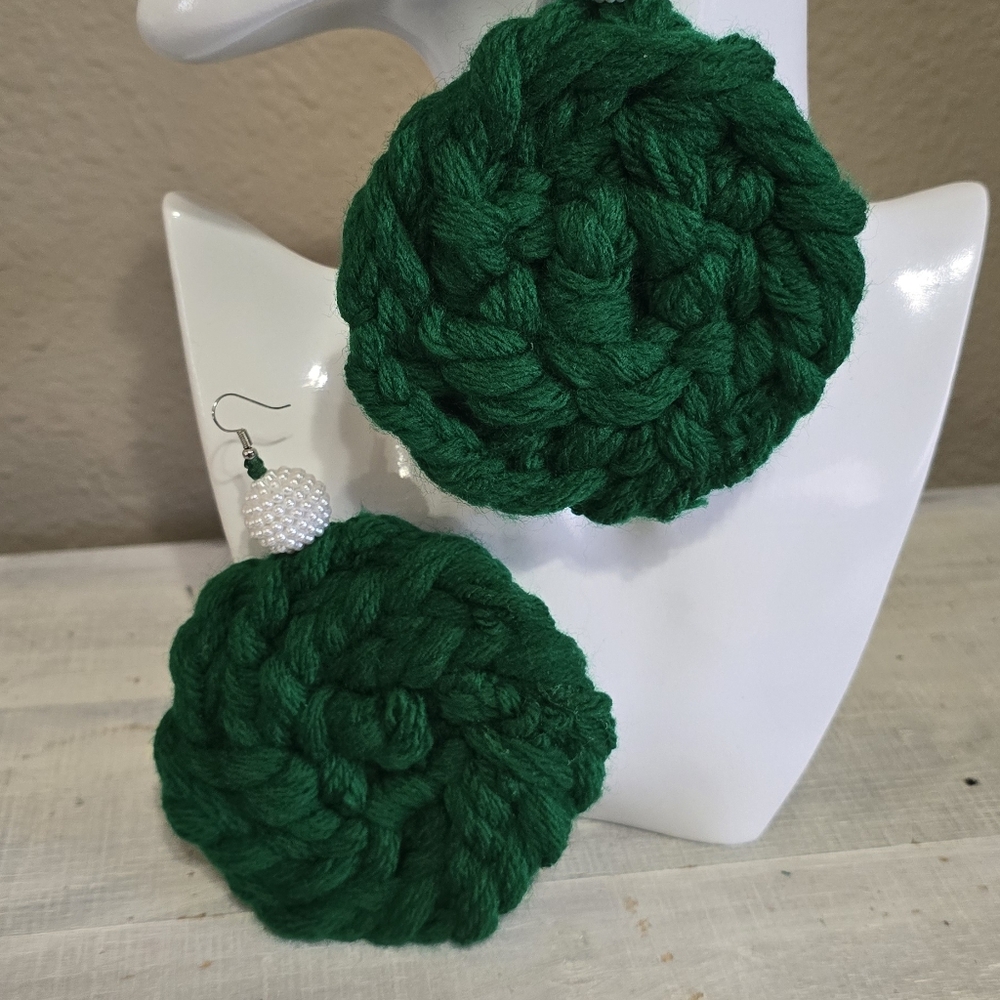 Handcrafted yarn earrings. Made by me.